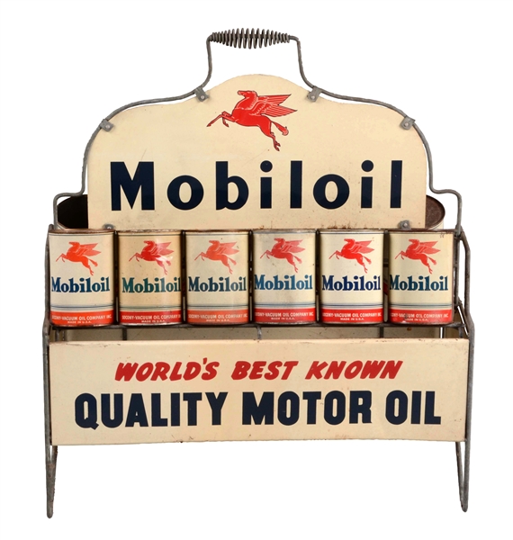 MOBILOIL WORLDS BEST KNOWN OIL CAN RACK WITH CANS.