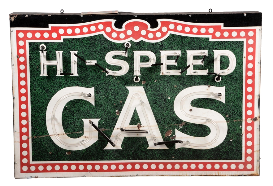 HI-SPEED GAS PORCELAIN SIGN WITH ADDED NEON ON METAL CAN.