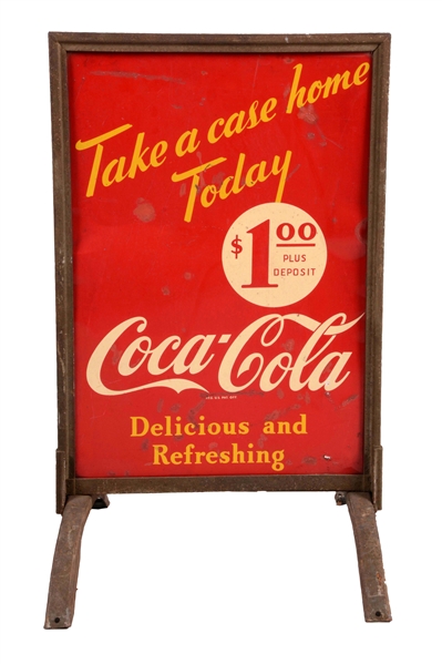 COCA-COLA TIN CURB SIDE SIGN IN STAND.