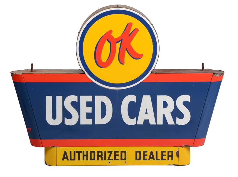 OK USED CARS AUTHORIZED DEALER PORCELAIN SIGN ON ORIGINAL CAN.