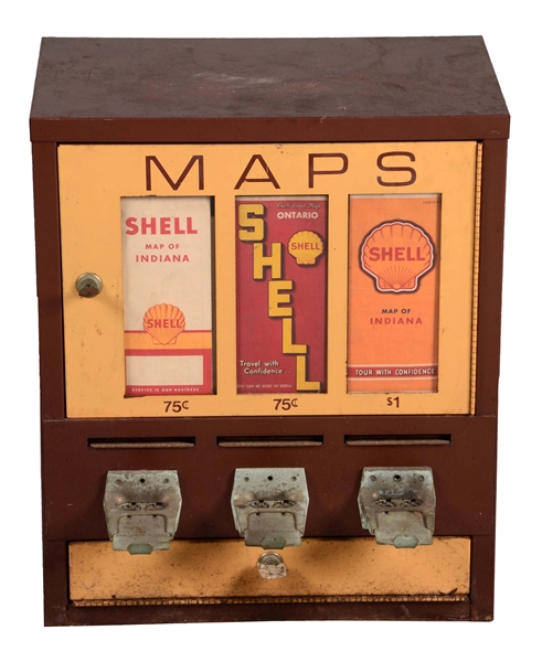 SHELL GASOLINE COIN OPERATED METAL MAPS DISPENSING MACHINE.