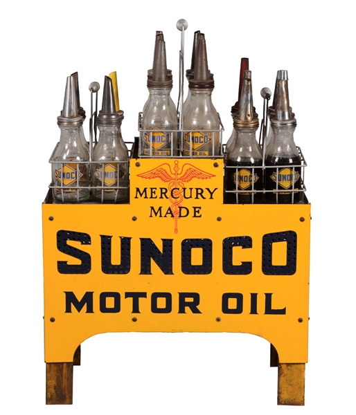 SUNOCO MERCURY MADE MOTOR OIL PORCELAIN BOTTLE RACK WITH OIL BOTTLES.
