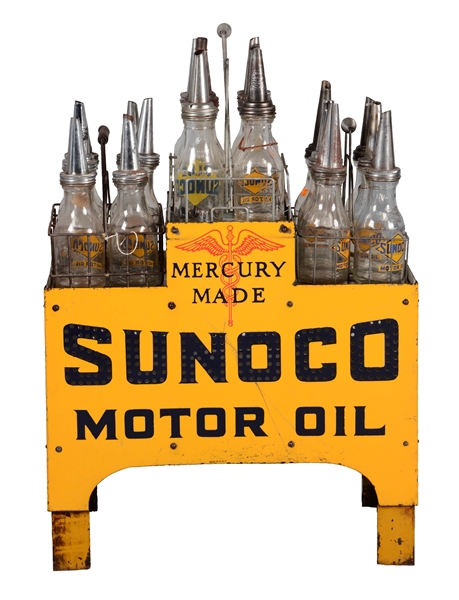 SUNOCO MERCURY MADE MOTOR OIL PORCELAIN OIL BOTTLE RACK WITH BOTTLES.
