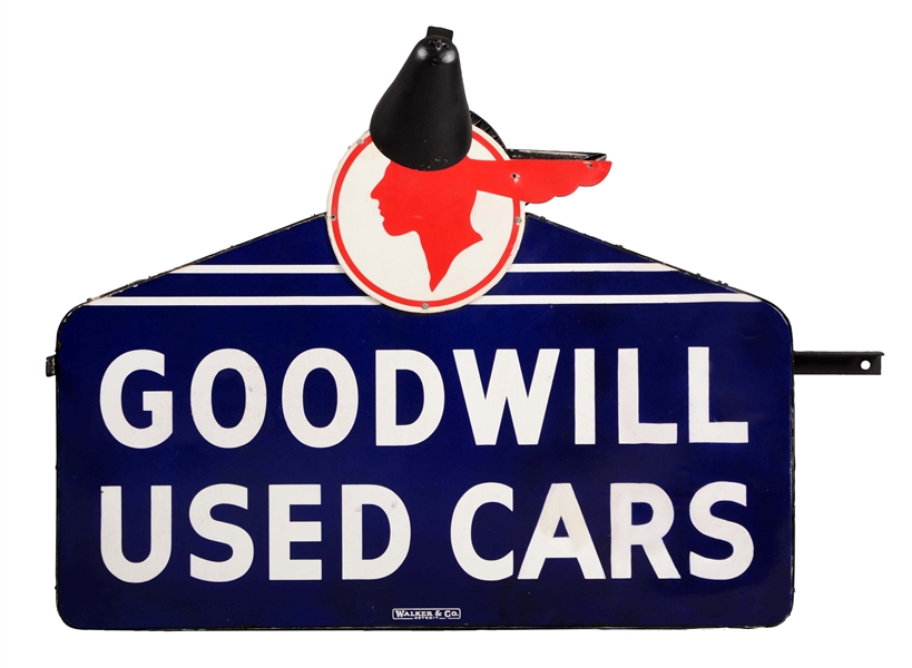 GOODWILL USED CARS DIE CUT PORCELAIN SIGN ON METAL CAN WITH LIGHT SCONCES.