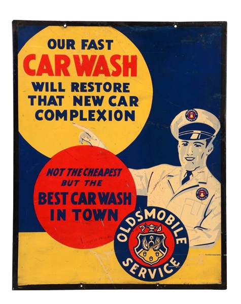 OLDSMOBILE SERVICE TIN SIGN WITH CREST LOGO.