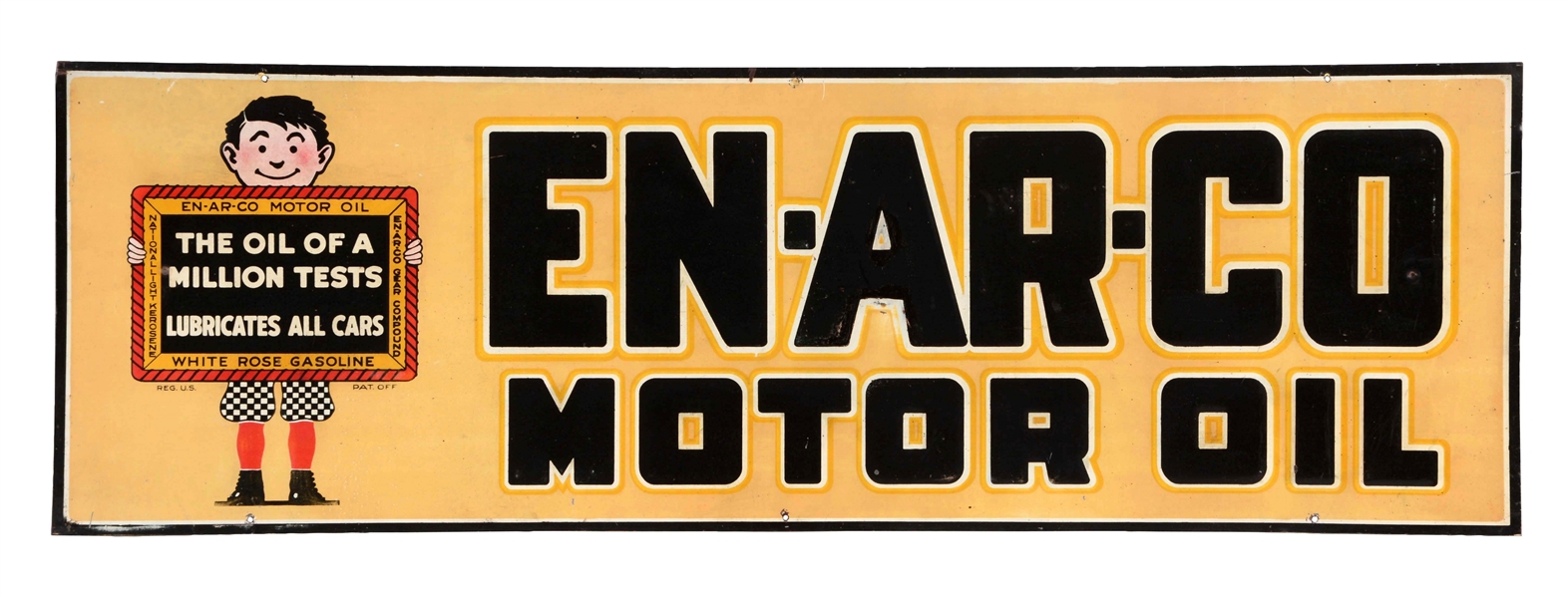 ENARCO MOTOR OIL EMBOSSED TIN SIGN WITH BOY & CHALKBOARD GRAPHIC.