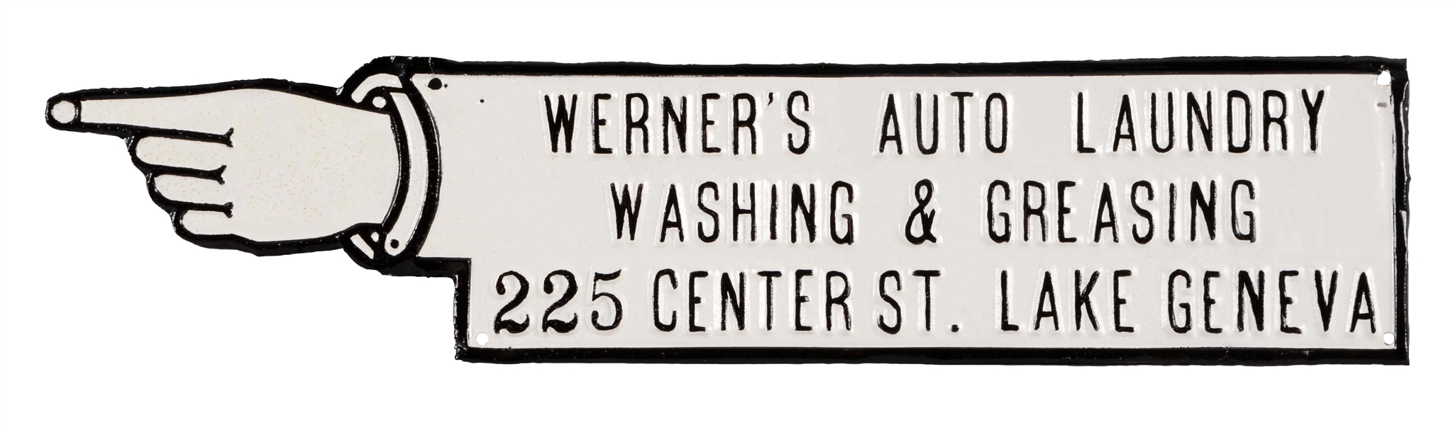 WERNERS AUTO LAUNDRY EMBOSSED TIN FINGER POINTING SIGN.