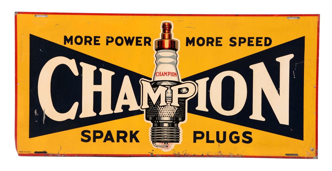 CHAMPION SPARK PLUGS WITH SPARK PLUG GRAPHIC TIN SIGN.