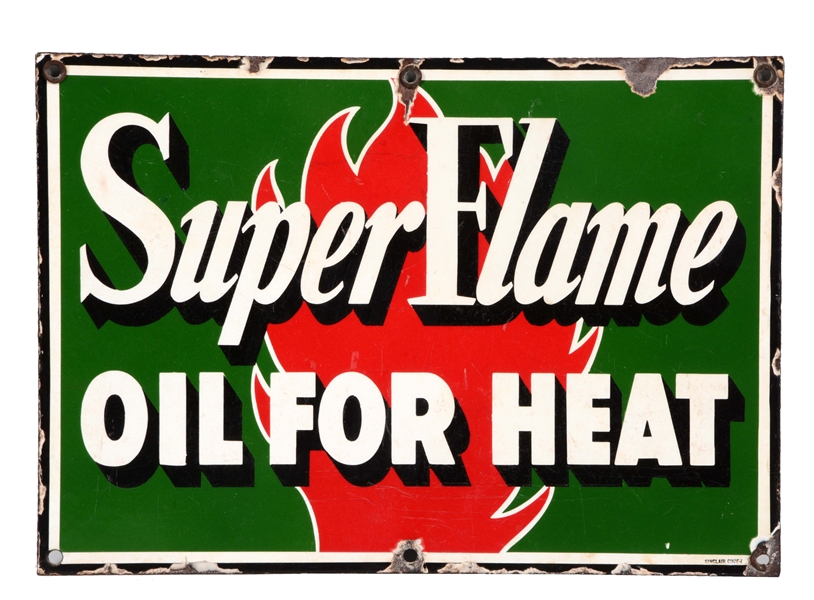 SINCLAIR GASOLINE SUPER FLAME FOR HEAT PORCELAIN SIGN.