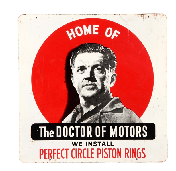 PERFECT CIRCLE PISTON RINGS THE DOCTOR OF MOTORS TIN SIGN.