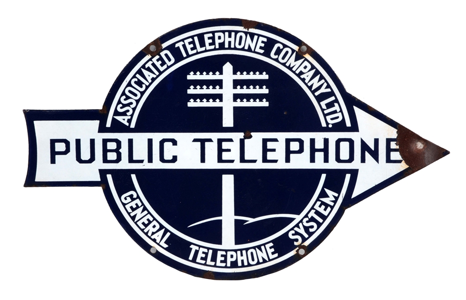 PUBLIC TELEPHONE PORCELAIN ARROW SIGN.