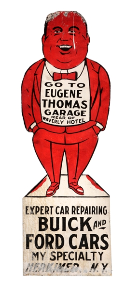 EUGENE THOMAS GARAGE FOR BUICK AND FORD CARS DIECUT TIN SIGN.