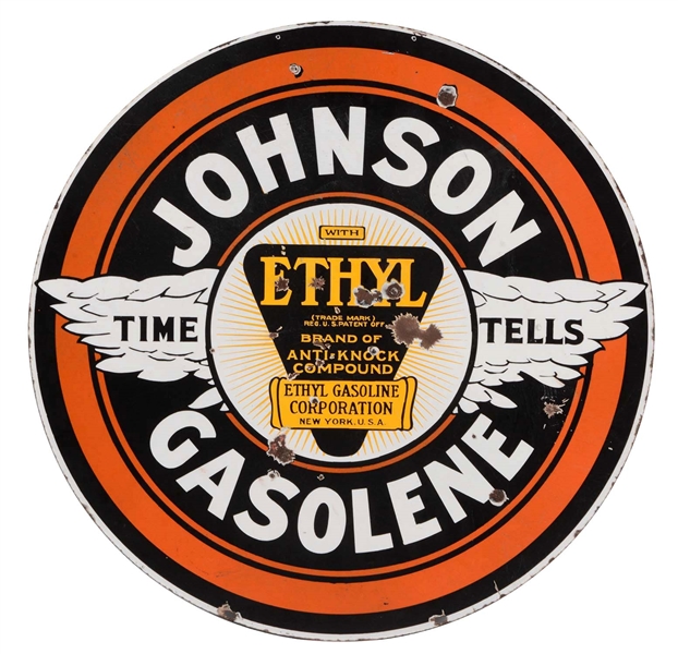 JOHNSON TIME TELLS GASOLINE PORCELAIN SIGN WITH WING & ETHYL GRAPHIC.