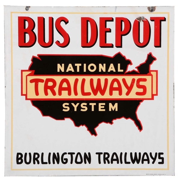 NATIONAL TRAILWAYS BUS DEPOT PORCELAIN SIGN.