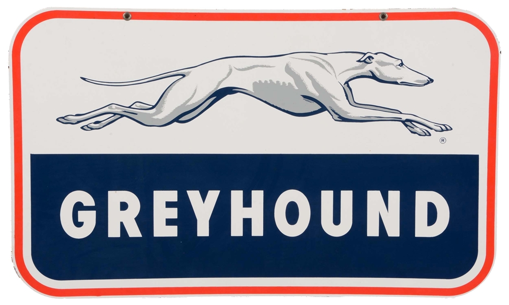 GREYHOUND BUS LINES PORCELAIN SIGN WITH DOG GRAPHIC.