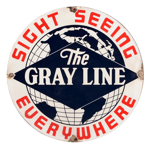 THE GRAY LINE BUS PORCELAIN SIGN WITH GLOBE GRAPHIC.