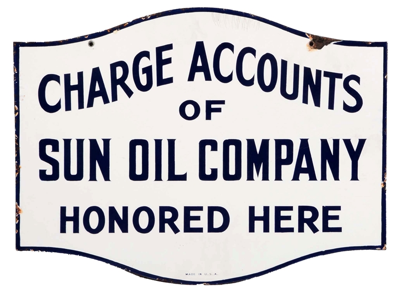 SUN OIL COMPANY CHARGE ACCOUNTS HONORED DIECUT PORCELAIN SIGN.
