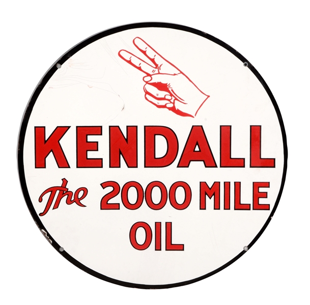 KENDALL MOTOR OIL PORCELAIN SIGN WITH HAND GRAPHIC.
