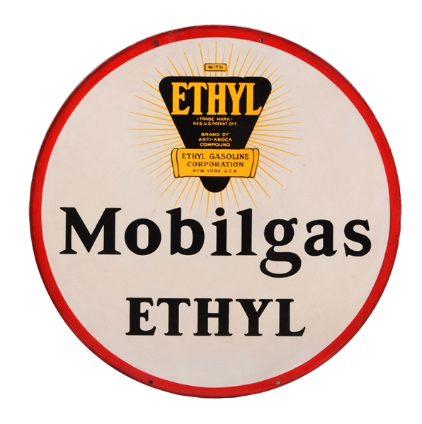 MOBILGAS ETHYL PORCELAIN SIGN WITH ETHYL BURST GRAPHIC.
