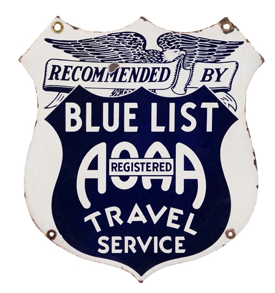 BLUE LIST TRAVEL SERVICE PORCELAIN SHIELD SIGN WITH EAGLE GRAPHIC.