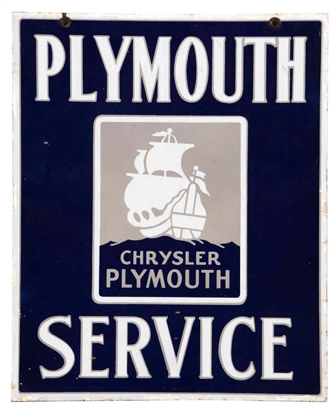 CHRYSLER PLYMOUTH SERVICE PORCELAIN SIGN WITH SHIP GRAPHICS.