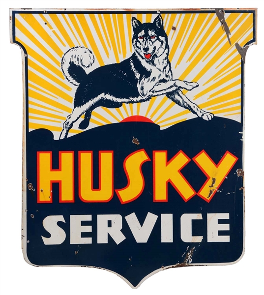 HUSKY GASOLINE SERVICE PORCELAIN SHIELD SIGN WITH DOG GRAPHIC.