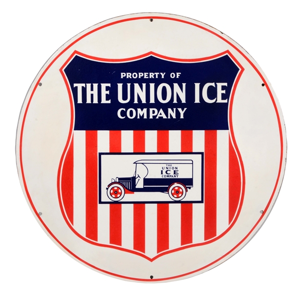UNION ICE COMPANY PORCELAIN SIGN WITH EARLY TRUCK GRAPHIC.