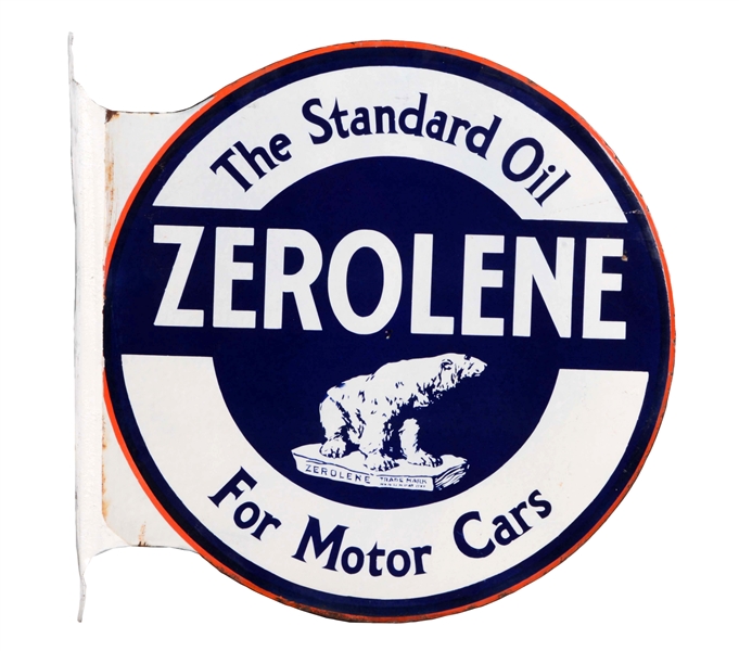 ZEROLENE FOR MOTOR CARS PORCELAIN FLANGE SIGN WITH POLAR BEAR GRAPHIC.