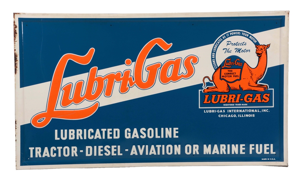 LUBRIGAS EMBOSSED TIN SIGN WITH CAMEL GRAPHIC.