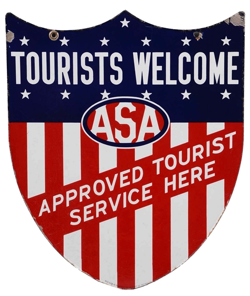 ASA TOURISTS WELCOME APPROVED SERVICE PORCELAIN SHIELD SIGN.