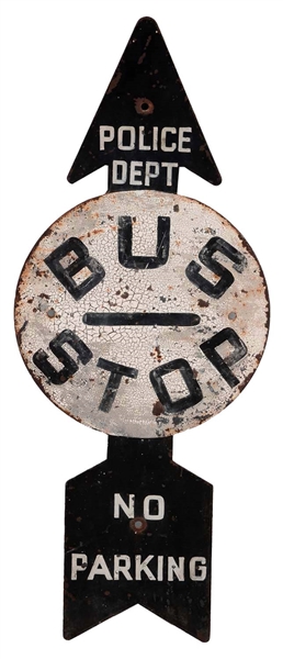 BUS STOP NO PARKING DIECUT PAINTED METAL SIGN.