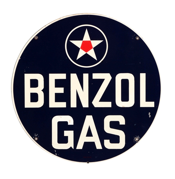 BENZOL GAS TIN SIGN WITH STAR GRAPHIC.