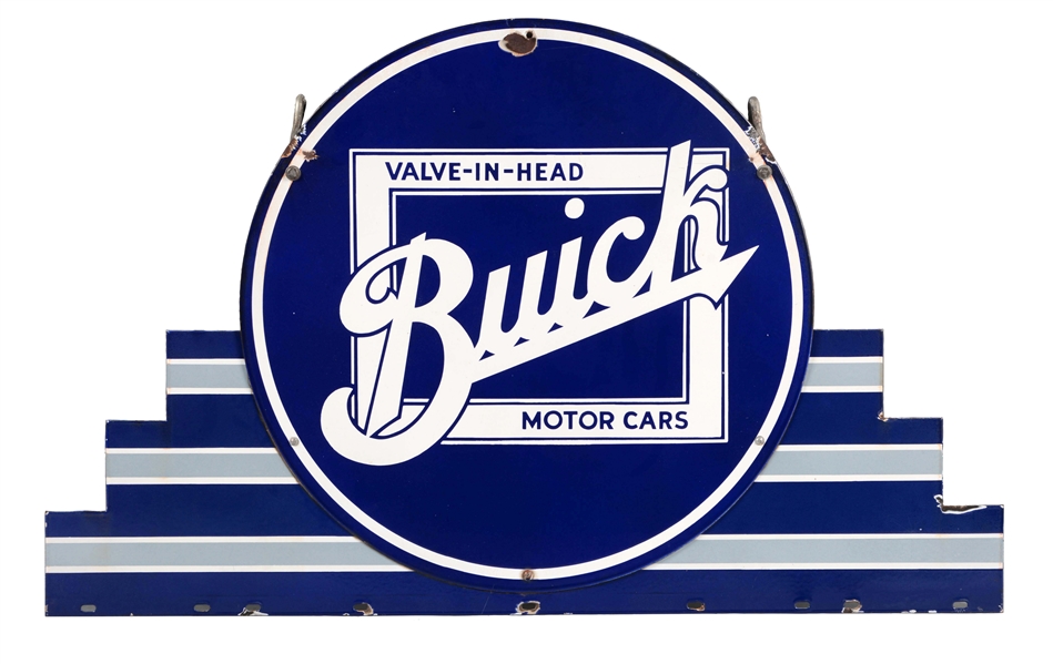 BUICK VALVE IN HEAD MOTOR CARS PORCELAIN SIGN WITH PORCELAIN MARQUEE.