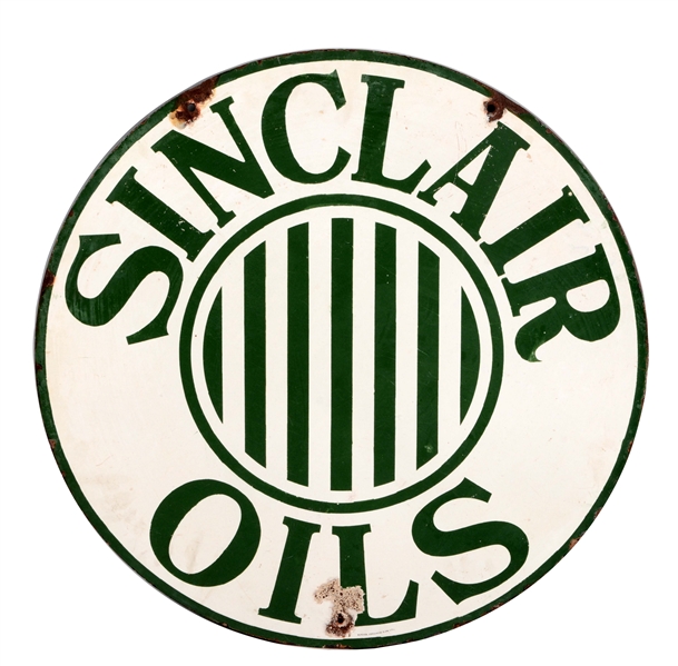 EARLY SINCLAIR OILS PORCELAIN SIGN WITH STRIPE GRAPHIC.