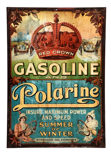 RED CROWN GASOLINE & POLARINE MOTOR OIL TIN SIGN WITH CAR & DRIVING GRAPHICS.