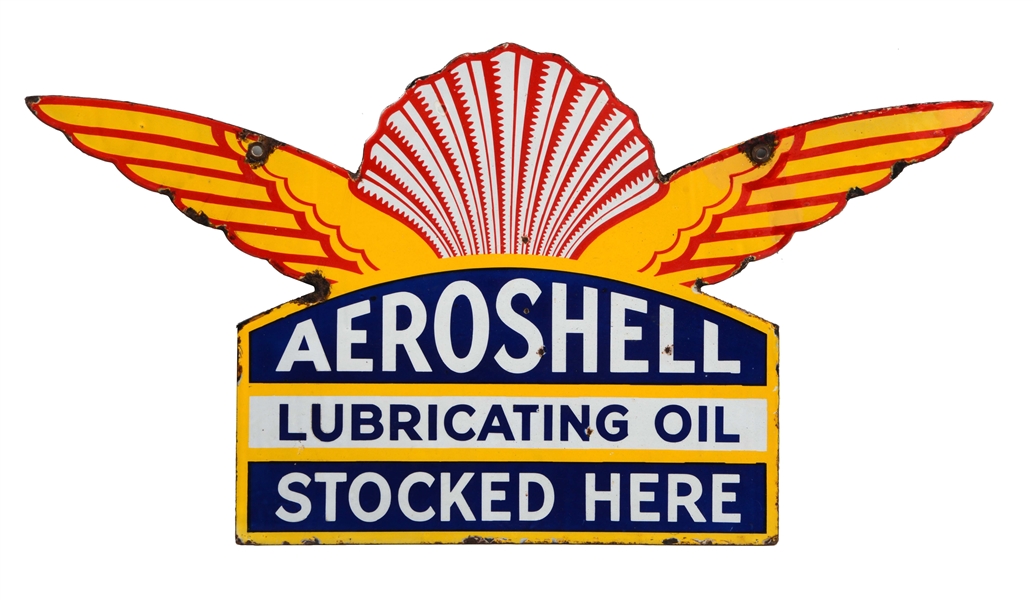 SHELL GASOLINE AEROSHELL LUBRICATING OIL STOCKED HERE DIECUT PORCELAIN SIGN.