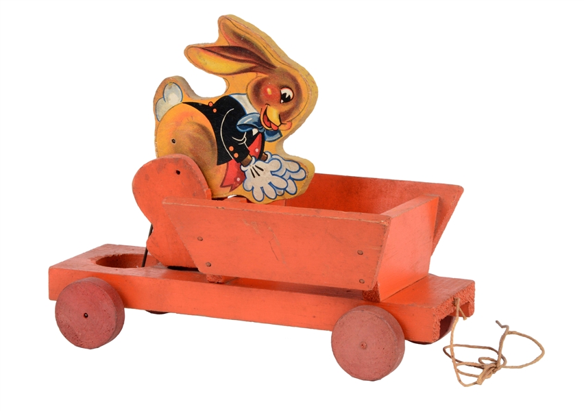 EXTREMELY RARE FISHER PRICE PAPER ON WOOD NO. 462 BUSY BUNNY CART. 