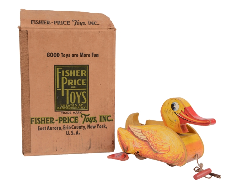 LOT OF 2: FISHER PRICE PAPER ON WOOD DUCK AND ORIGINAL BUSY BEE BOX.