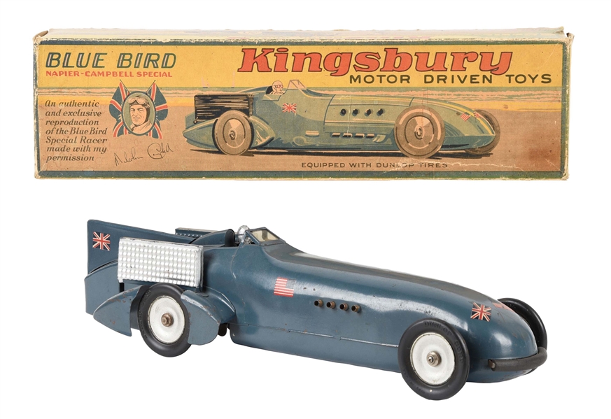 PRESSED STEEL KINGSBURY BLUE BIRD RACE CAR WITH ORIGINAL BOX.