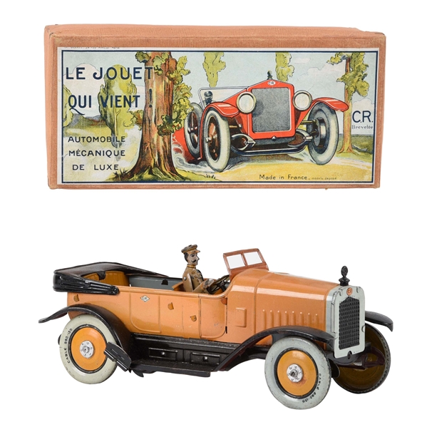 FRENCH ROSSIGNOL TIN LITHO WIND UP AUTO WITH ORIGINAL BOX.