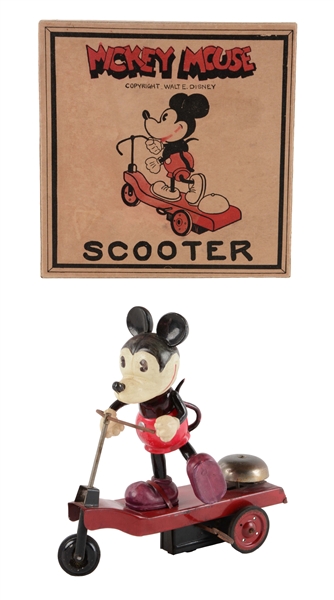 EXCEEDINGLY RARE WALT DISNEY CELLULOID MICKEY MOUSE ON SCOOTER IN ORIGINAL BOX.