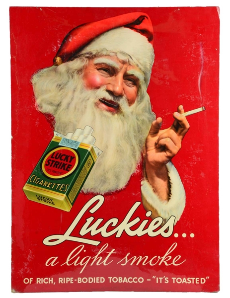 LUCKIES CIGARETTES SANTA SMOKING CARDBOARD ADVERTISING SIGN.