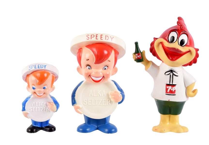 LOT OF 3: ALKA-SELTZER AND 7UP VINYL ADVERTISING FIGURES.