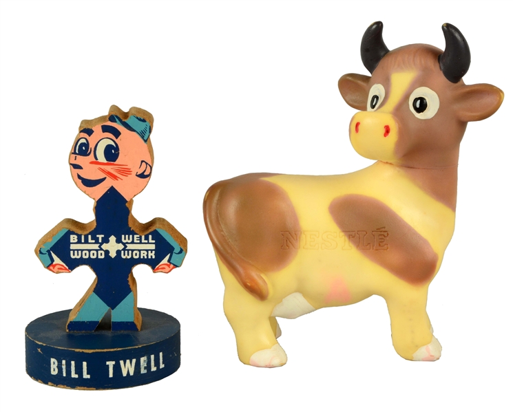 LOT OF 2: NESTLE COW AND BILT WELL WOODWORK ADVERTISING FIGURES.