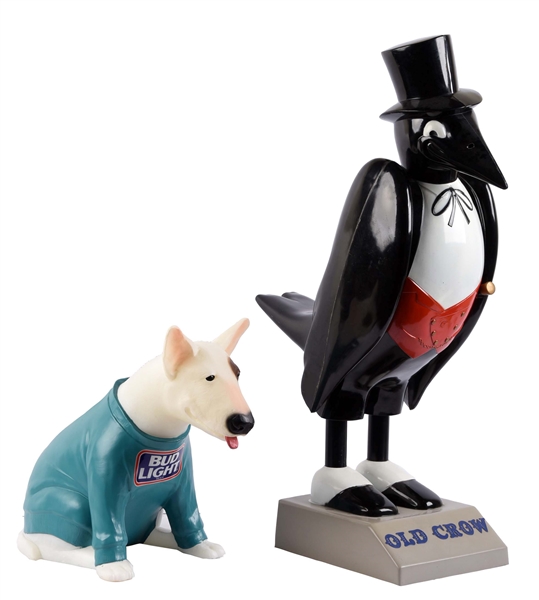 LOT OF 2 : SPUDS MACKENZIE AND OLD CROW ADVERTISING FIGURES.