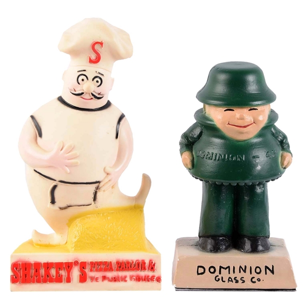 LOT OF 2: SHAKEYS PIZZA AND DOMINION GLASS ADVERTISING FIGURES.