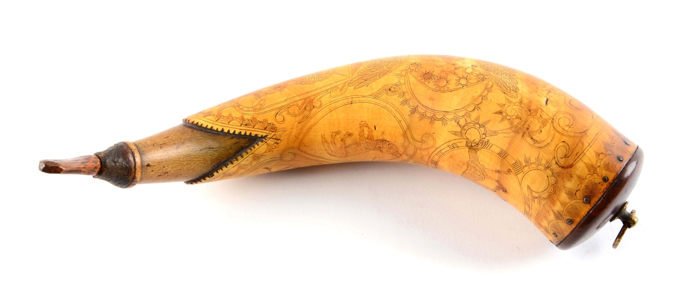PATRIOTIC ENGRAVED POWDER HORN ATTRIBUTED TO TANSEL.