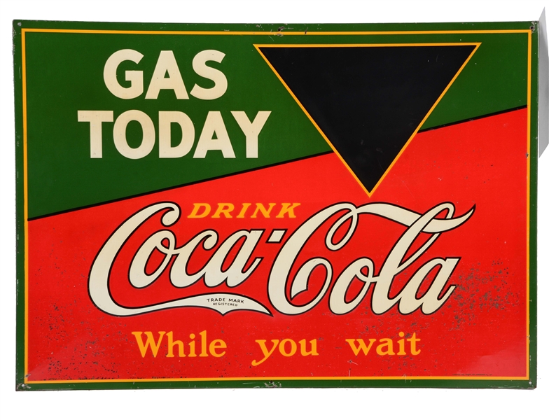 COCA-COLA GAS TODAY EMBOSSED TIN SIGN WITH CHALKBOARD.