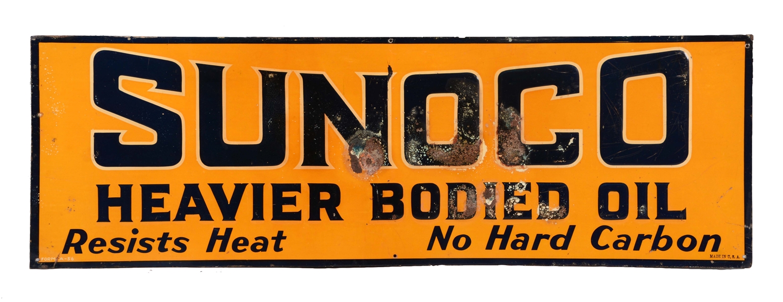SUNOCO HEAVIER BODIED MOTOR OIL EMBOSSED TIN SIGN.