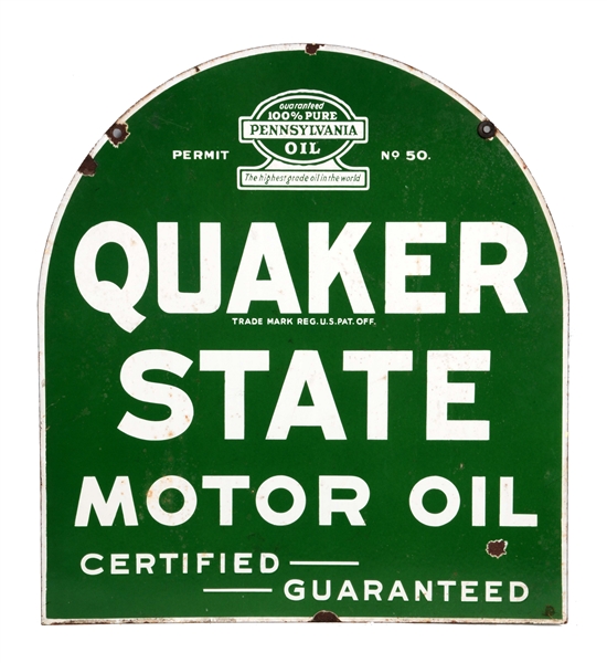 QUAKER STATE MOTOR OIL PORCELAIN TOMBSTONE SIGN.